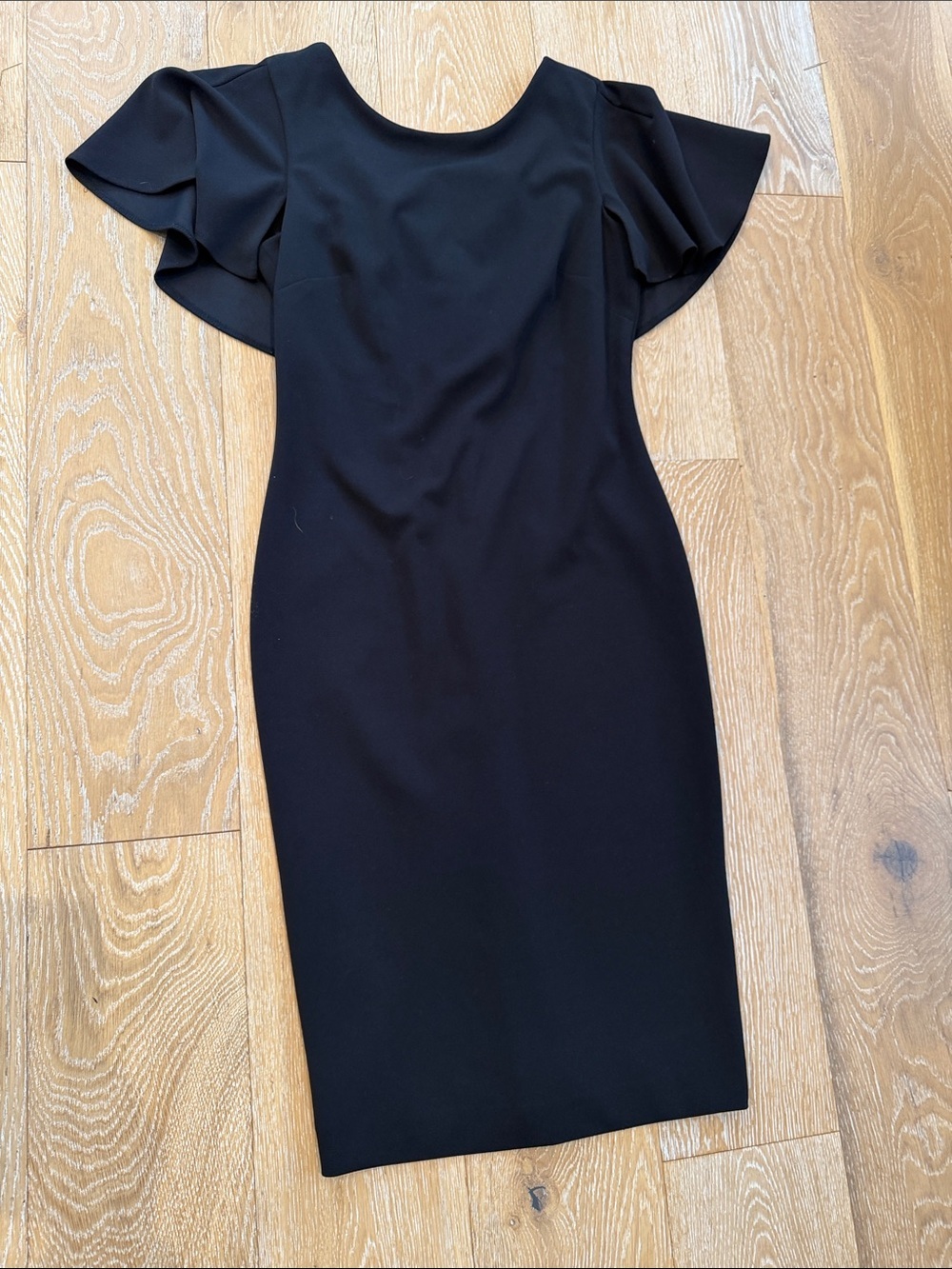 Calvin Klein Black Sheath Dress Back Ruffle Flutter Sleeve Size 4